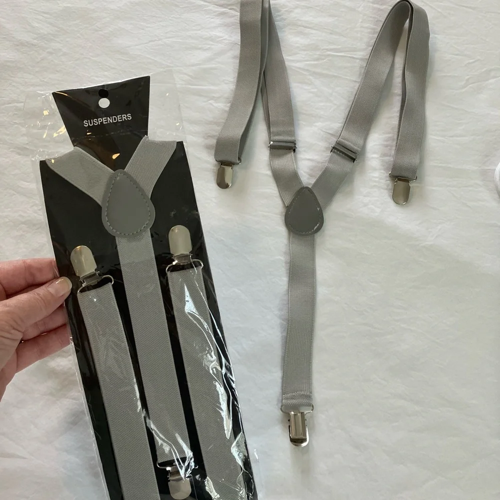 Boys formalwear accessories: 2 gray suspenders & adjustable ties, green bow tie
